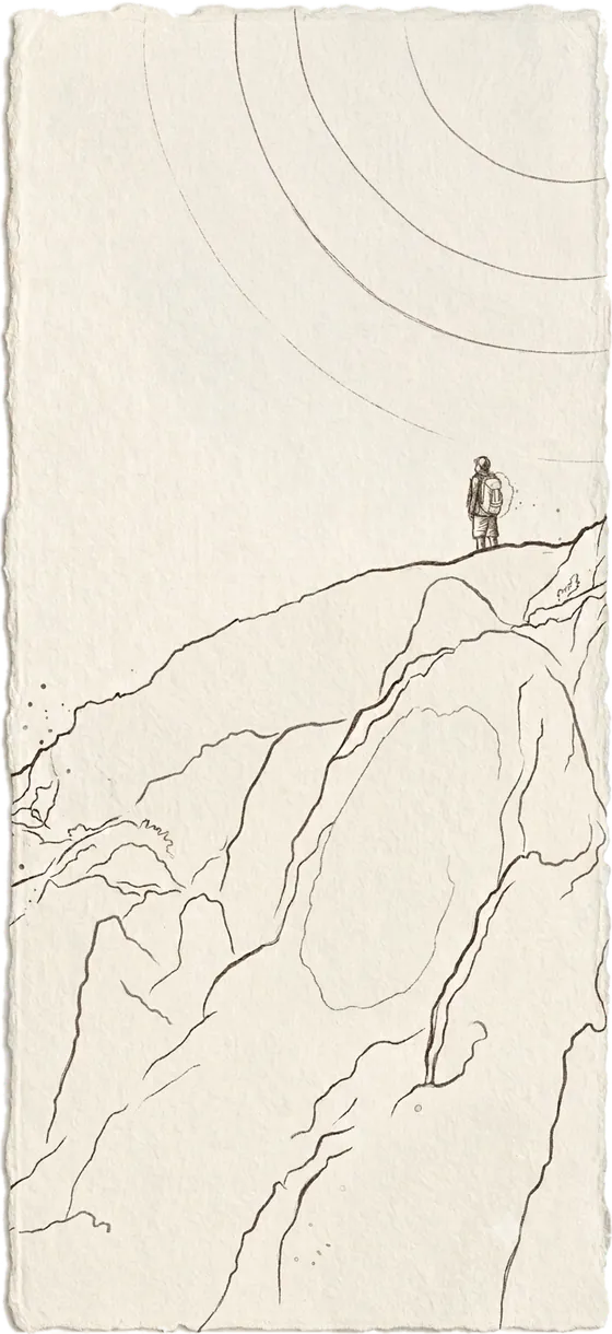 Ink line illustration of Victor standing on a volcanic ridge, looking out over the coast